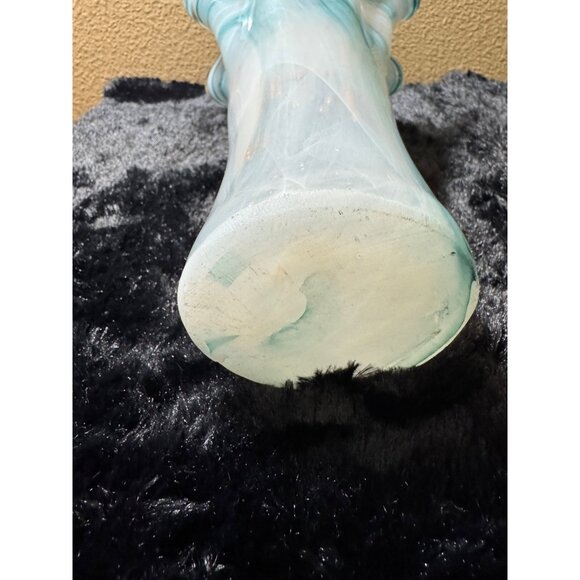 Art Glass Vase Aqua White And Gold Specks Swirl Design Ruffled Edge 10"Tall - Picture 6 of 7